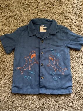 Cat & Jack Navy Button-Front Shark Embroidered Shirt